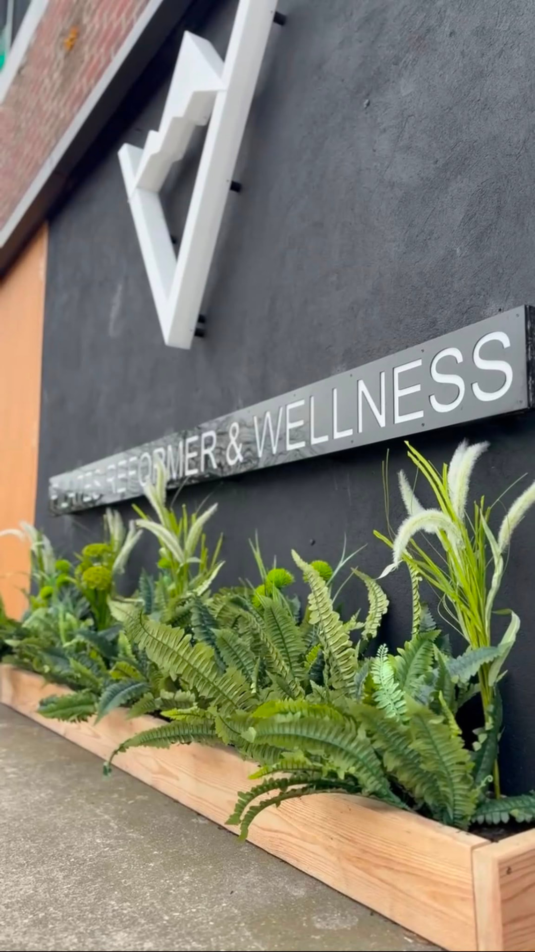 Valley Studio's Pilates Reformer and Wellness sign and mountain mark above a planter of ferns at the entrance