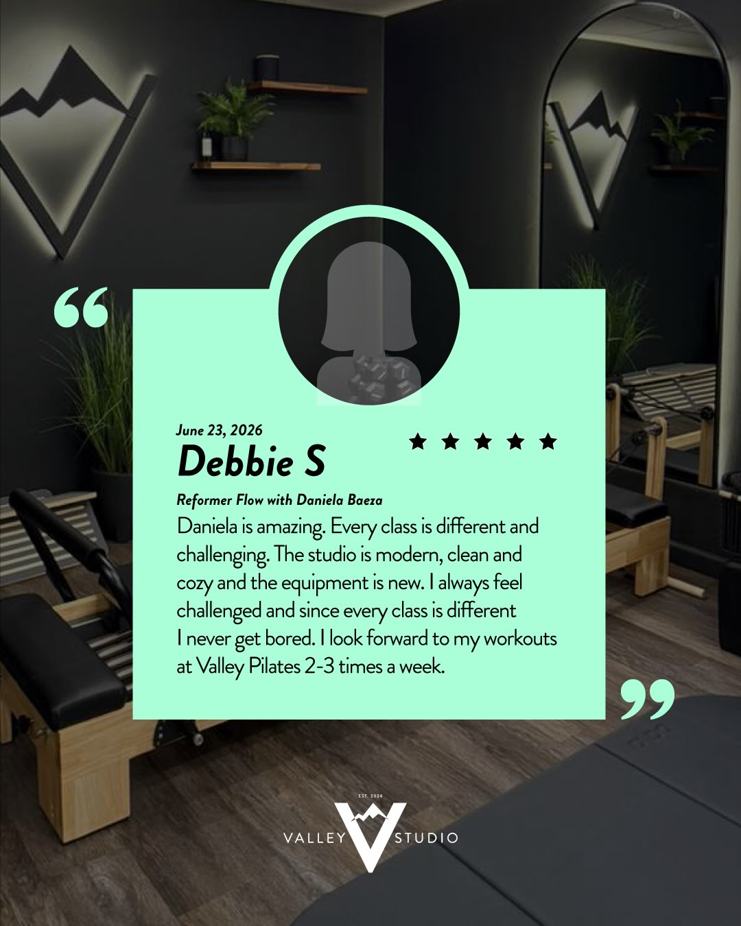 Five-star client review card from Debbie S for Valley Studio