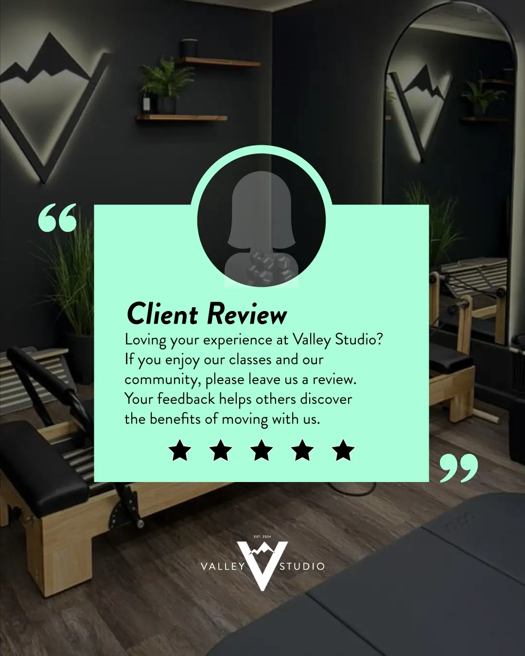 Valley Studio card inviting clients to leave a review of their class